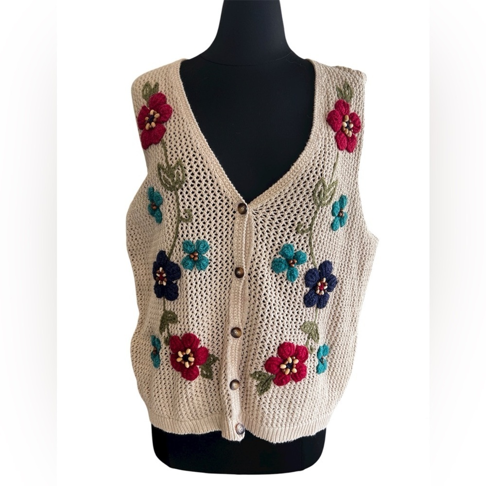 Vintage Cardigan Vest Womens Large Floral Embroidered Floral Boho Indie Cottage